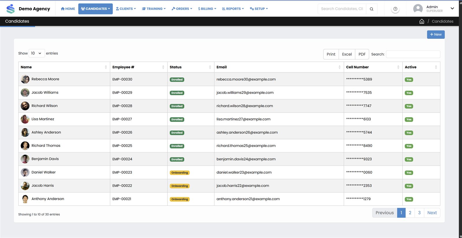 StaffVanta candidate list showing name, employee number, status, email and active flag