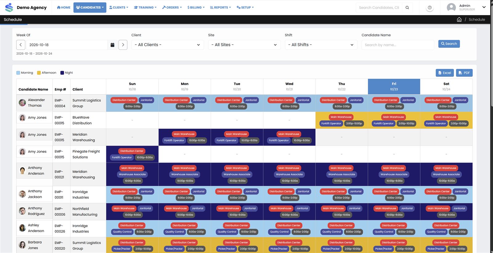 StaffVanta weekly schedule showing candidates assigned to client sites and morning, afternoon and night shifts